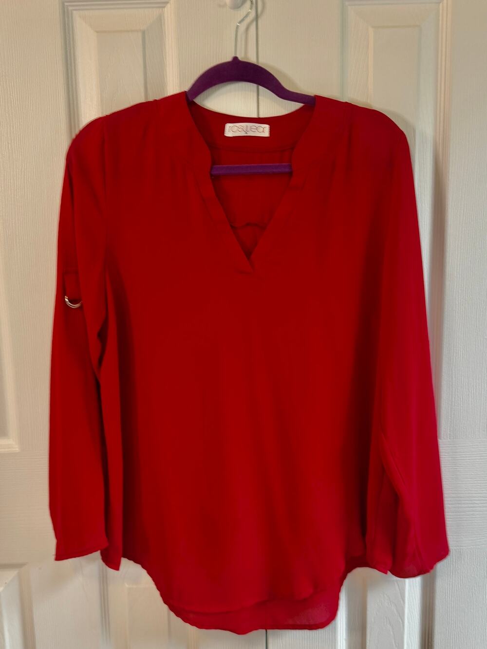 Roswear Red Chiffon Blouse — Roll-Tab Sleeves — Size M